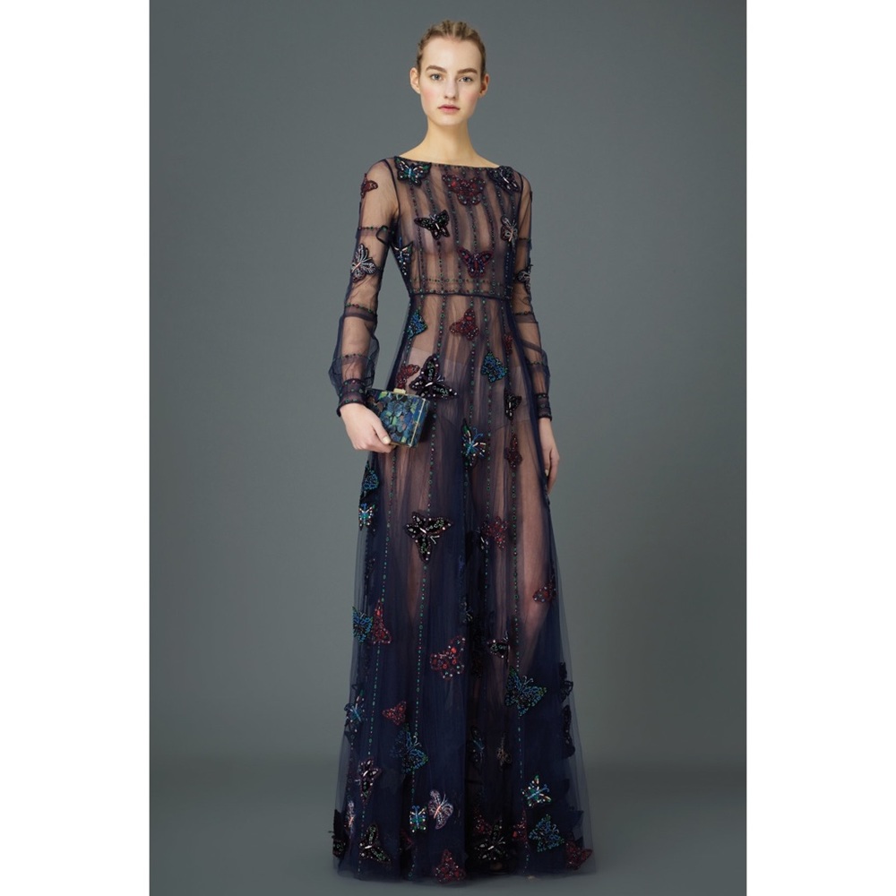 VALENTINO $31950 NAVY BUTTERFLY BEADED GOWN IT 40